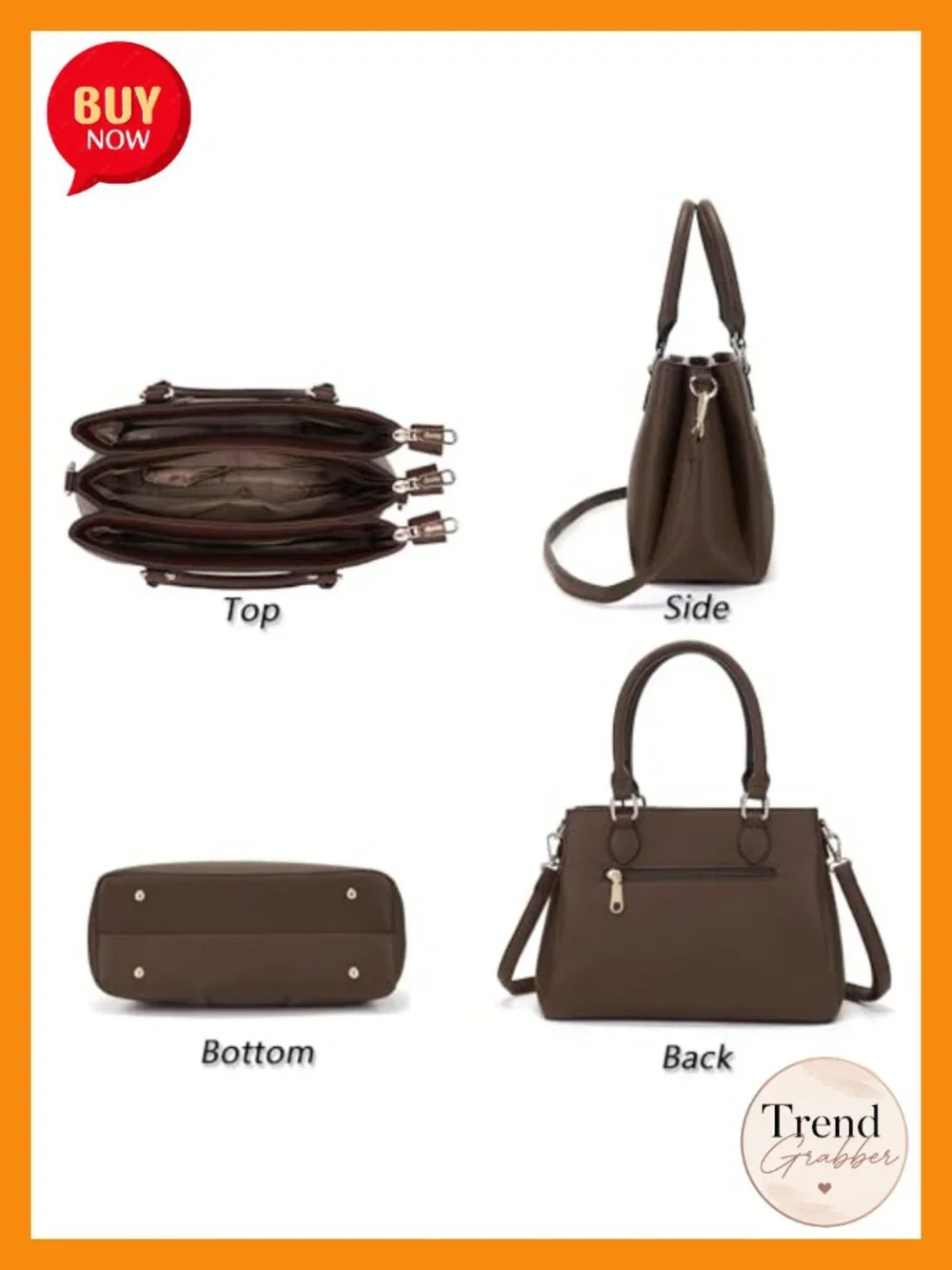 PU Leather Satchel Handbag with 3 Zippered Compartments and Wallet Set